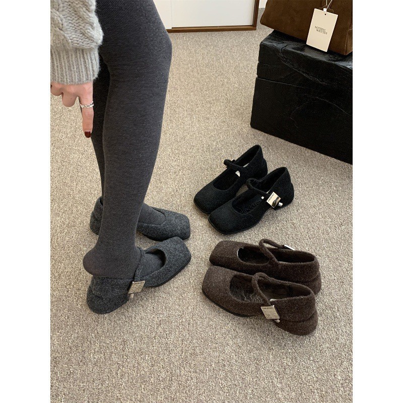 灰色玛丽珍毛毛鞋女冬外穿新款法式复古呢子粗跟单鞋女加绒高跟鞋|undefined