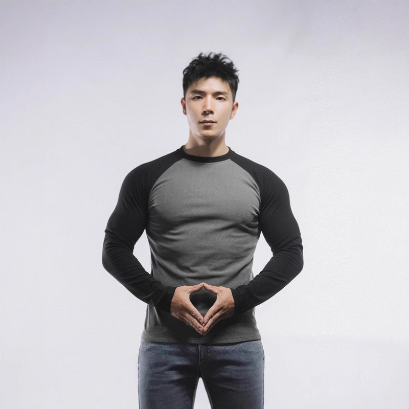 Autumn and winter new men's double-sided velvet color matching sports leisure long sleeve running gym exercise base shirt