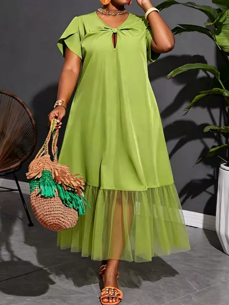 Cross-Border Foreign Trade European and American Plus-Size 2026 Summer New Style Elegant Solid Color Design Mesh Splicing Mid-Length Dress