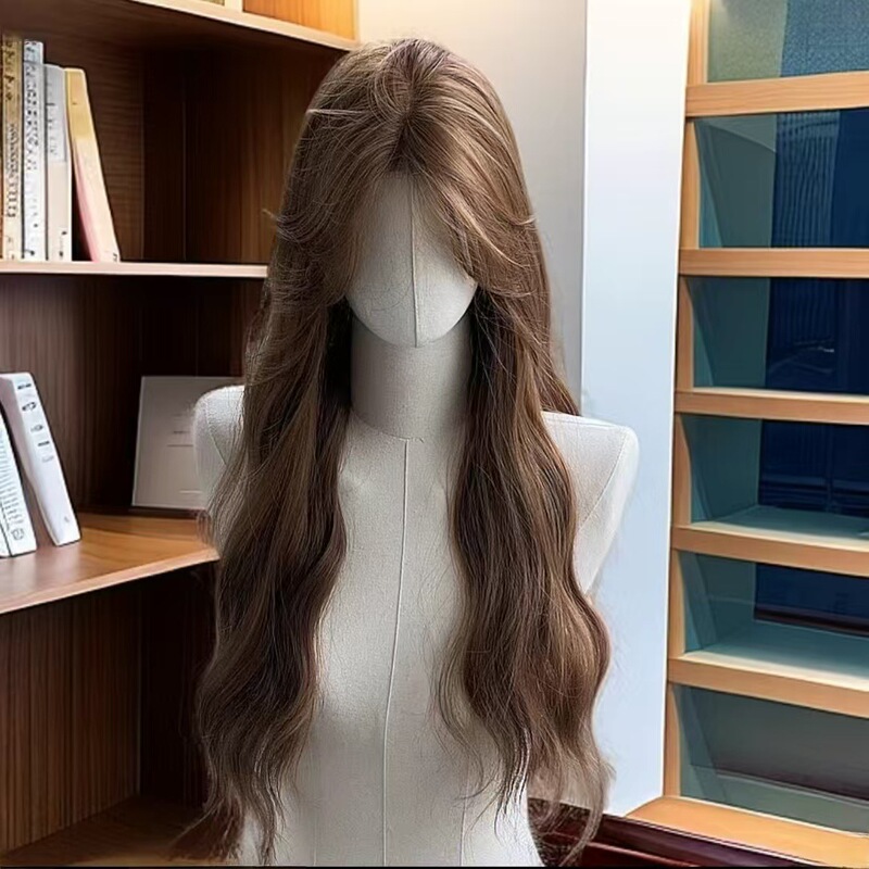 Yi Duo Women's Full Head Artificial Hair Front Lace Linen Golden Brown Water Wave Wig Breathable Lightweight Full Head Cover