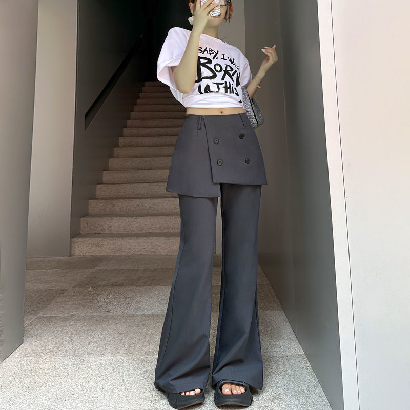 灰色微喇叭瑜伽裤子女秋季新款设计感假两件屁帘长裤修身马蹄裤裙|undefined