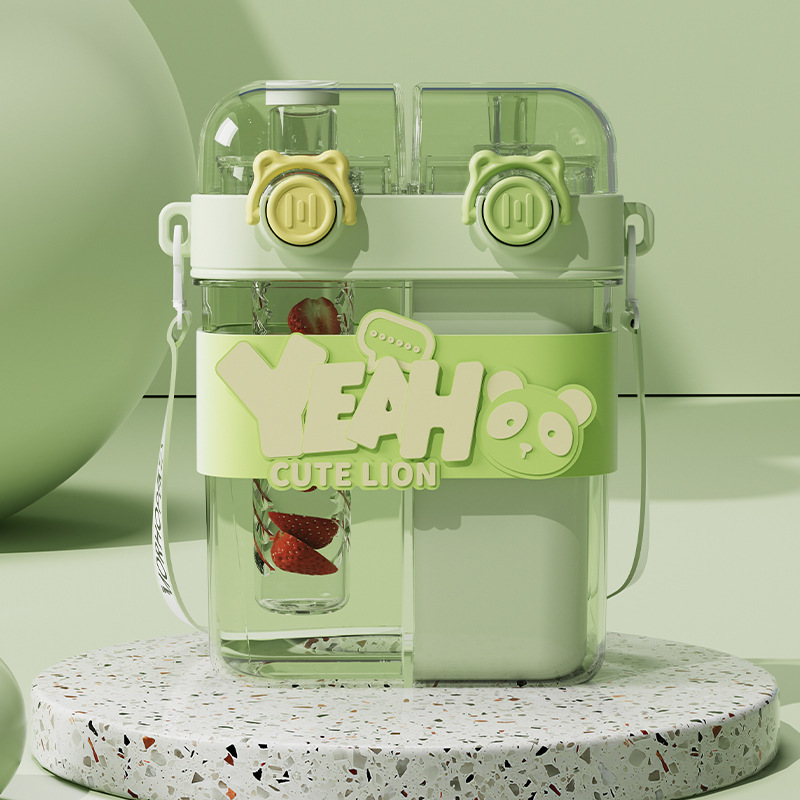 Taza para beber doble de gran capacidad dividida Taza para niños Taza para beber para estudiantes con pajita Taza para llevar al aire libre de alto valor de dibujos animados