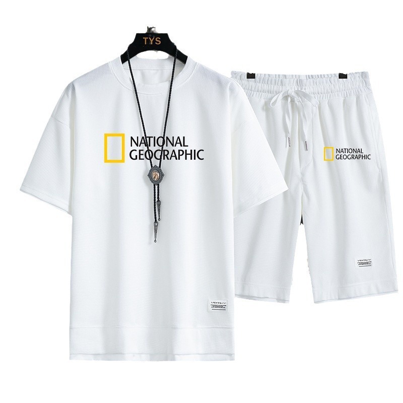 Dwuczęściowy zestaw męski T-shirt sportowy Waffle Short z krótkim rękawem i luźnym, krótkim rękawem, na lato_voghion.com