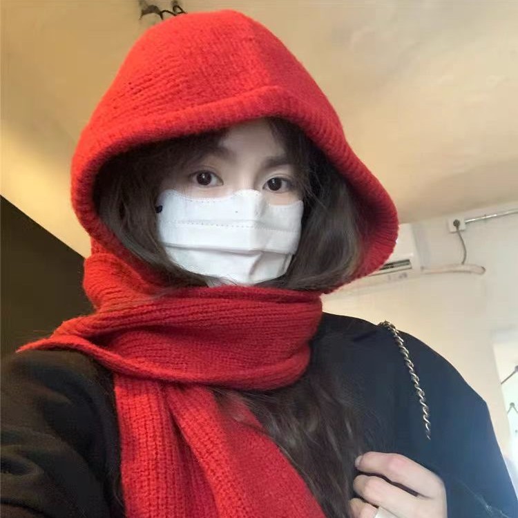 Hat and Scarf All-In-One Autumn and Winter Knitted Hat for Women, Scarf Integrated Balaclava Hat, Cold-Proof and Warm Woolen Hat