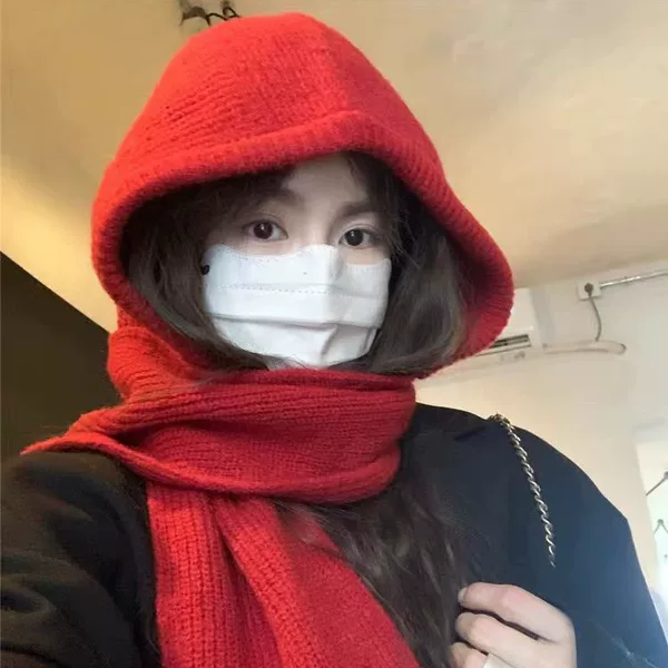 Hat and Scarf All-In-One Autumn and Winter Knitted Hat for Women, Scarf Integrated Balaclava Hat, Cold-Proof and Warm Woolen Hat
