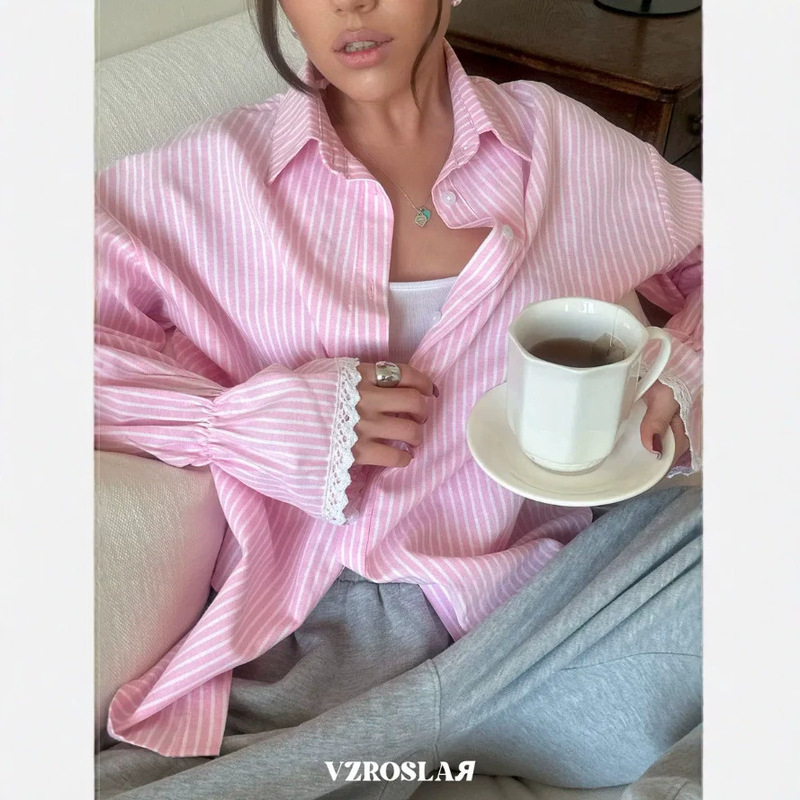 2026 Korean-style girly pink striped shirt for women, loose and casual with lace trim and bell sleeves, versatile blouse 2026 Korean-style girly pink striped shirt for women, loose and casual with lace trim and bell sleeves, versatile blouse