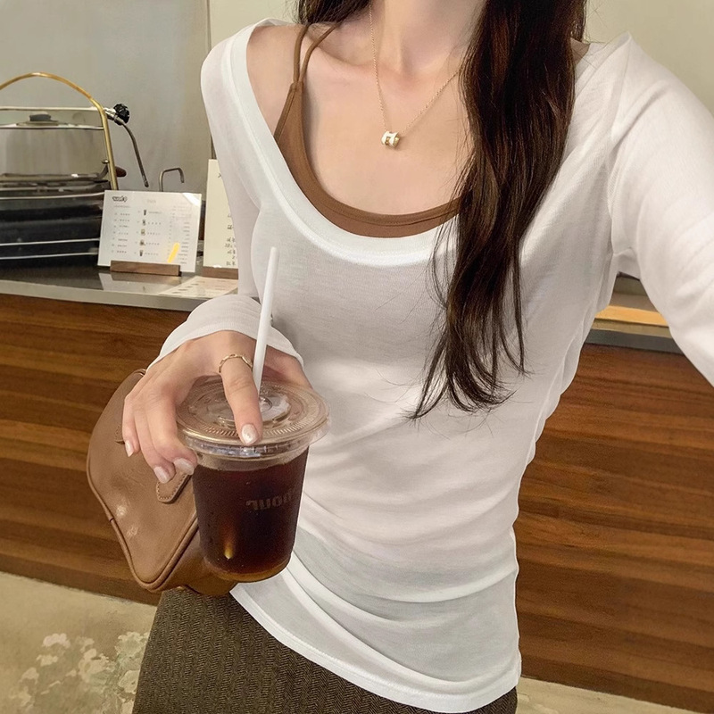 Tencel Skin-Friendly White Low Round Neck Bottoming Shirt Pure Lust Sexy Long-Sleeved T-Shirt Women's Autumn New Slim Inner Top Tencel Skin-Friendly White Low Round Neck Bottoming Shirt Pure Lust Sexy Long-Sleeved T-Shirt Women's Autumn New Slim Inner Top