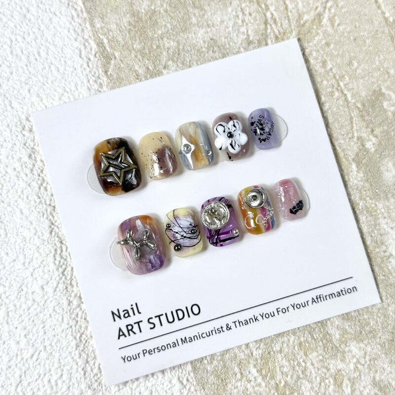 【Pamir Rainbow】Sweet and Cool Style Metal Jewelry Hand-Painted Three-Dimensional Design Pure Handmade Wearable Nails Short Square Round Manicure