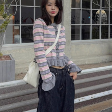 韩国ins秋日新款韩系百搭条纹荷叶边拼接毛针织开衫小外套女上衣