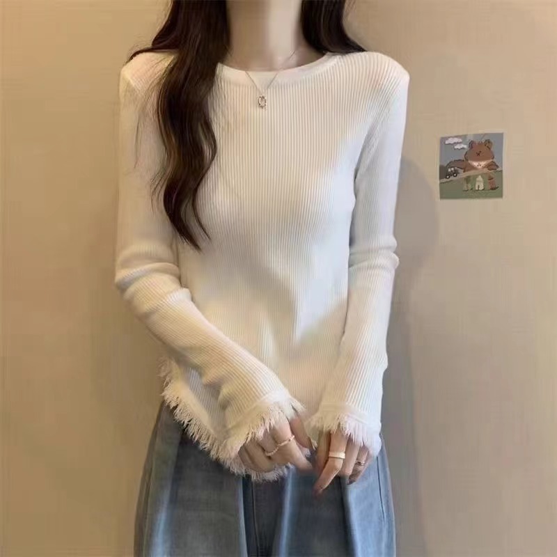 修身显瘦气质针织打底女宏泰秋冬新款 韩版圆领流苏毛衣 套头内搭