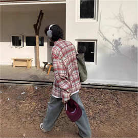 美式复古格子衬衫男春季情侣宽松百搭慵懒风长袖格纹衬衣外套潮流