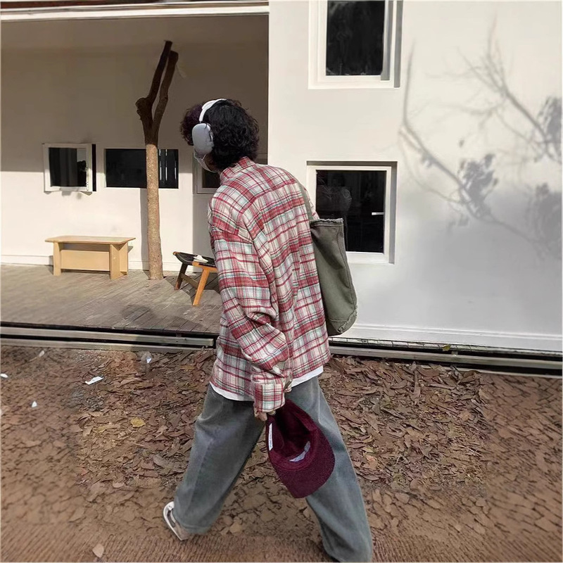 American Style Retro Plaid Shirt Men's Spring Loose All-match Lazy Style Long-sleeved Plaid Shirt and Coat Trendy