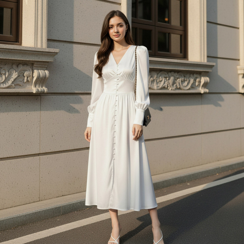 2026 Spring/Summer European and American Cross-Border Satin Imitation Silk V-Neck Long-Sleeve Dress with a Stylish Slit Shirt Dress Design for Women 2026 Spring/Summer European and American Cross-Border Satin Imitation Silk V-Neck Long-Sleeve Dress with a Stylish Slit Shirt Dress Design for Women