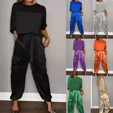 新款多色缎面套装女中袖上衣高腰束脚工装裤欧美风宽松显瘦两件套