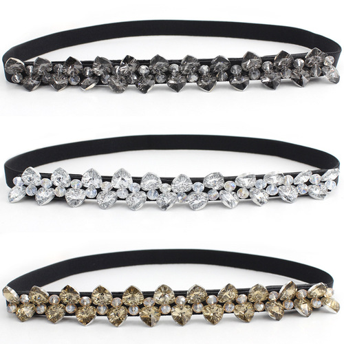 Snap elastic belt for women decorated with rhinestones and crystals for dresses, versatile elastic thin belt, black girdle