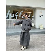 夹棉加厚长袖棉服外套卫衣女2024冬季新款半身长裙韩系时尚套装潮