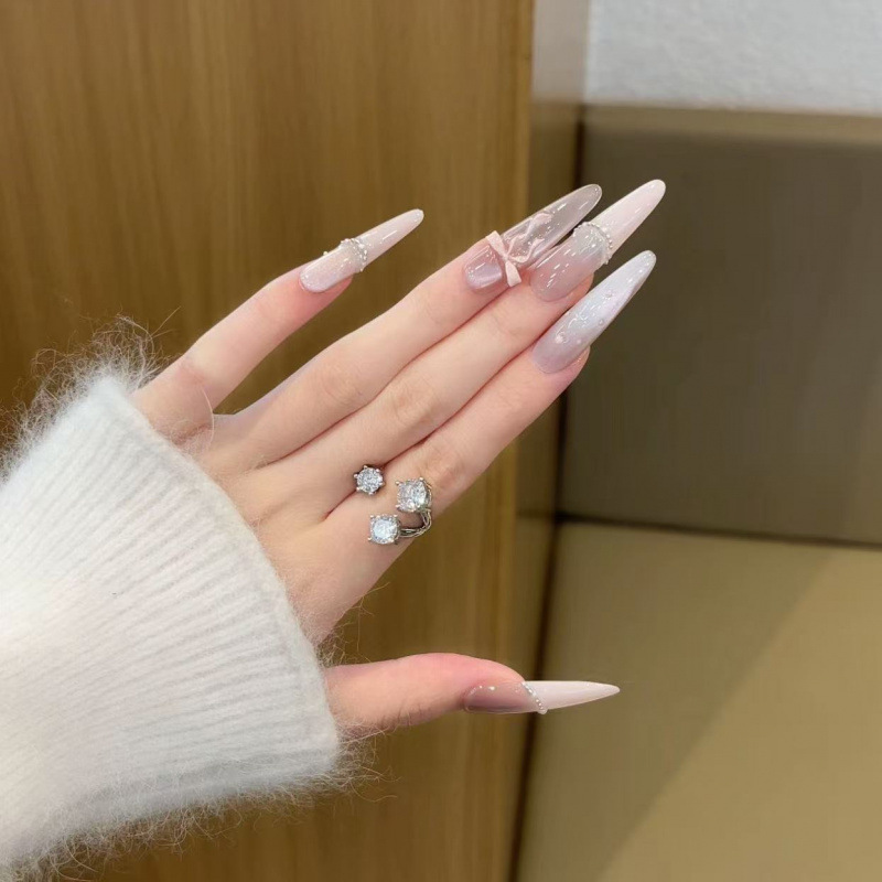 Pure Desire Style Bow Handmade Wearable Nails Pink Temperament Cat Eye Whitening Light Luxury Easiest for Match Removable Nail Art Patch