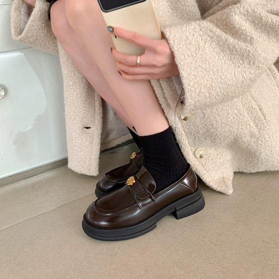 Grape Mom Same Style Single Shoes 2024 Spring New British Style Genuine Leather Small Gold Coin Thick Heel All-match Lefu Leather Shoes for Children