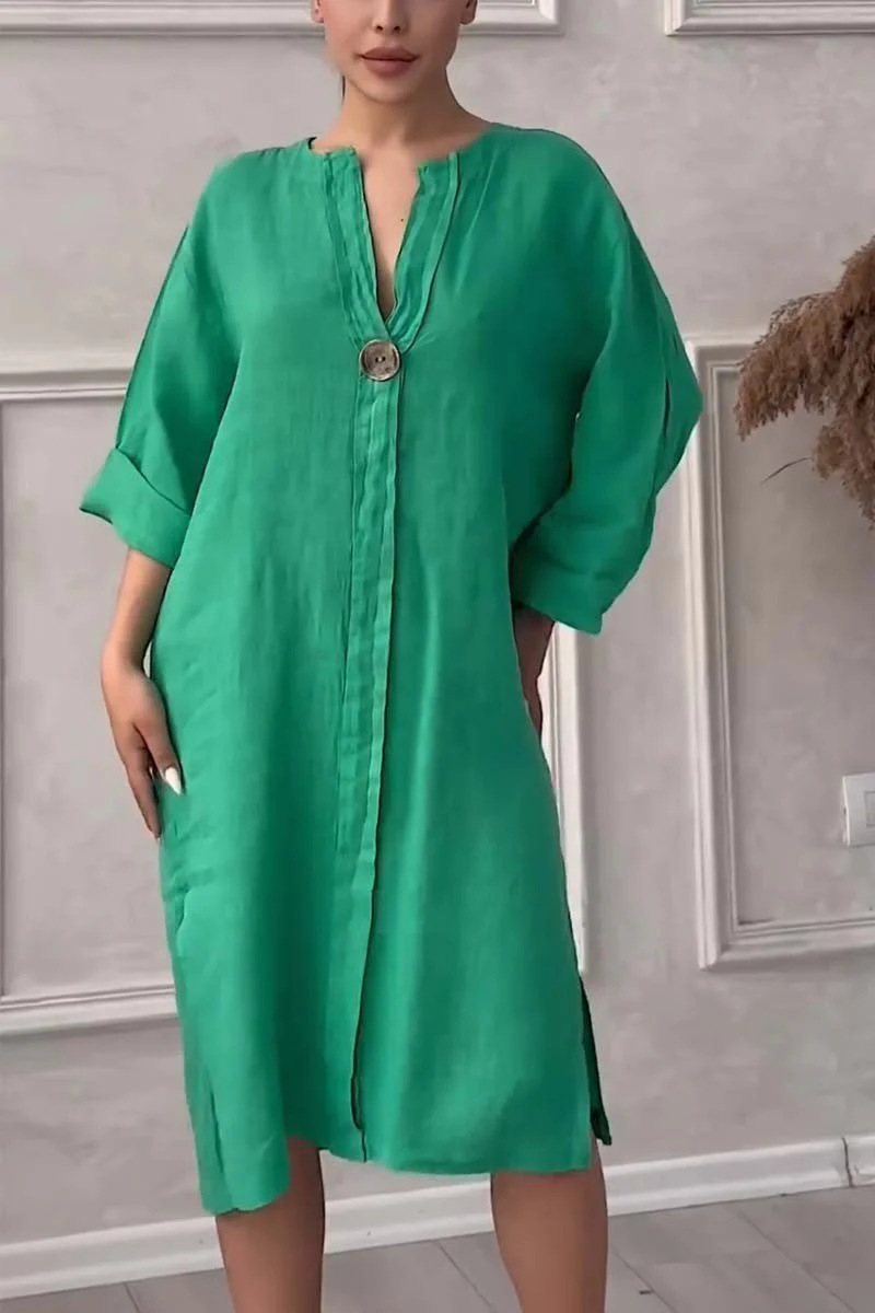 Regular Sleeve Sleeve Type Wholesale Women's Casual Button Solid Color Holiday Round Neck 3/4 Length Sleeve Shirt Dress