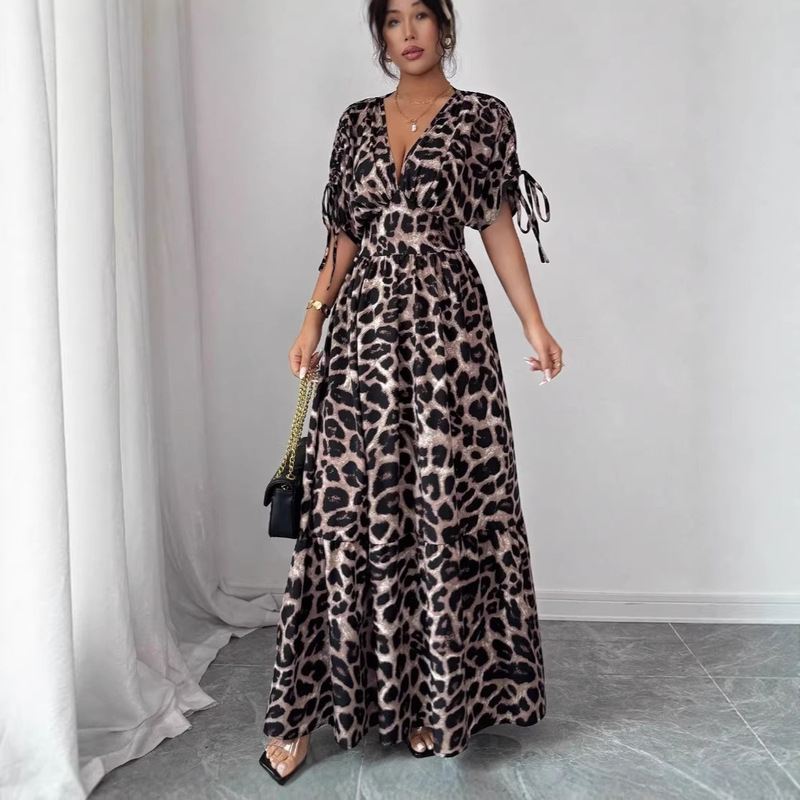 New Cross-Border Elegant Leopard Print V-Neck Long Dress European and American Amazon New Cross-Border Elegant Leopard Print V-Neck Long Dress European and American Amazon