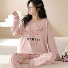 可外穿睡衣女款长袖春秋季纯棉粉色卡通可爱波点长裤家居服套装夏