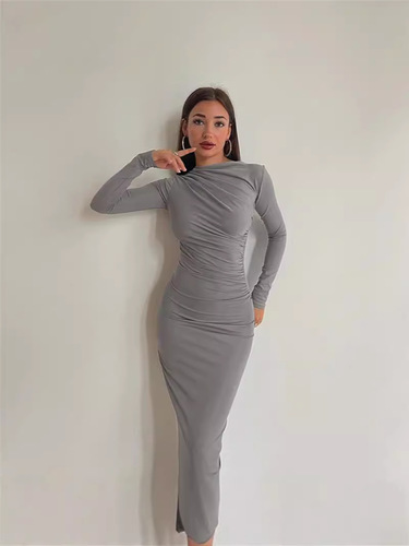 Elegant and Refined Long-Sleeve High-Waisted A-Line Gown with Slits for Women