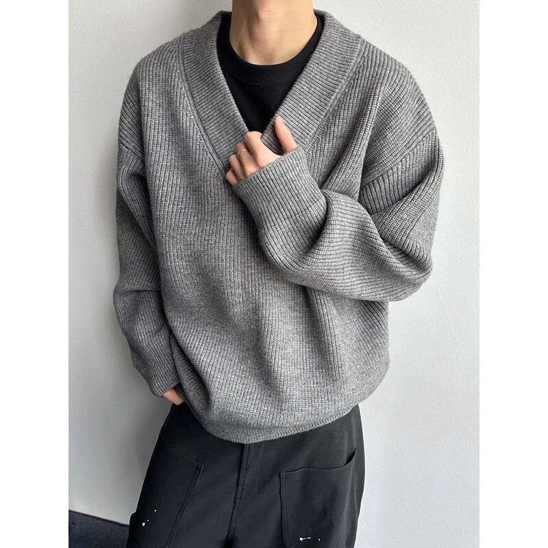 Gray American Retro V-Neck Knitwear Men's Winter Lazy Style High-End Cleanfit Sweetheart Neck Knitwear