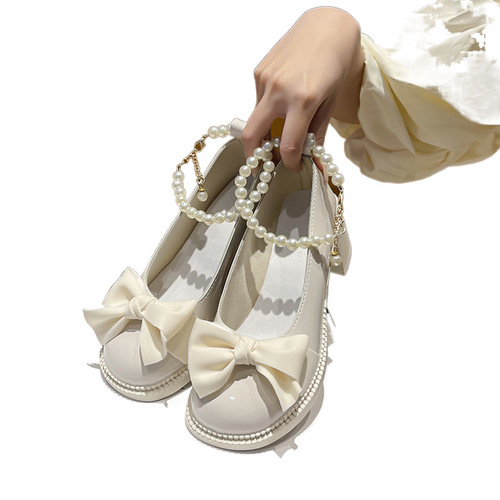 Spring and Summer New Butterfly Knot Pearl Chain French Mary Jane Women's Sandals Match Skirts Thick Heel High Heels Women