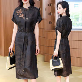 25杭州真丝老料香云纱女夏季改良旗袍桑蚕丝国风气质立领连衣裙