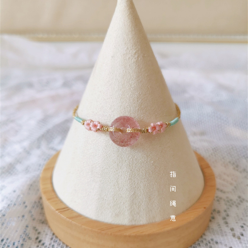 Natural Strawberry Crystal Peace Buckle Pearl Symphony Gold Thin Peach Blossom Bracelet Adjustable Foot Rope