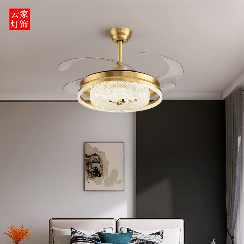 New Chinese-style full-copper fan lamp invisible hotel tea house restaurant living room bedroom variable frequency motor silent Zhongshan factory