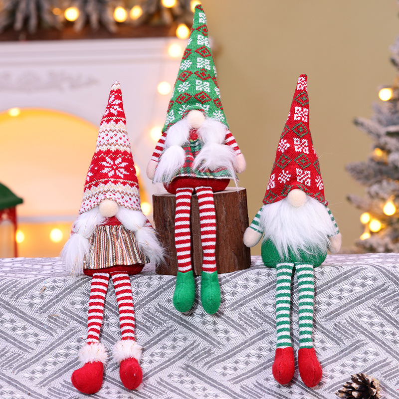 圣诞节长腿公仔装饰品圣诞条纹针织无脸老人玩偶桌面摆件礼物