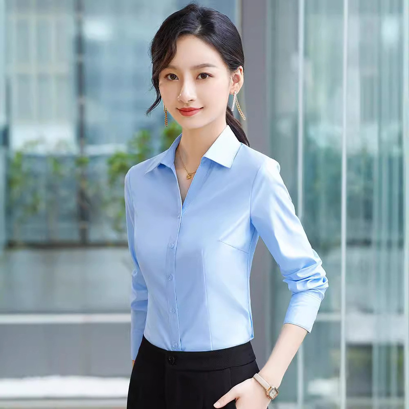 Pink Shirt Women's Autumn Long-sleeved Professional Slim-fit Elegant White-collar Workwear Top V-neck Shirt suit Work Clothes