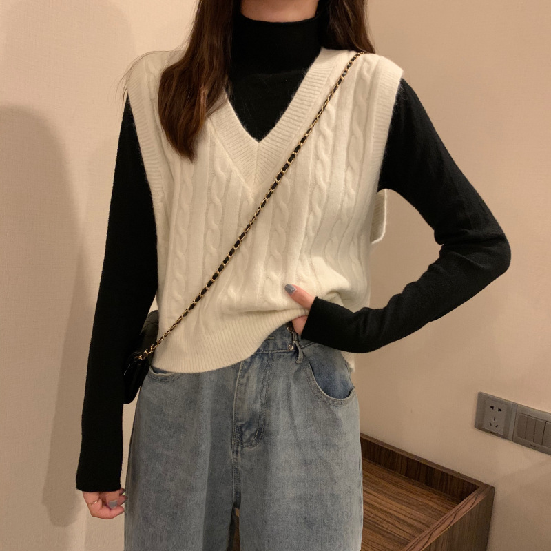 Retro estilo de Hong Kong V-cuello torcedura de punto Chaleco de las mujeres ropa de Otoño 2023 Nueva ropa exterior suelta suéter Delgado abrigo image 3
