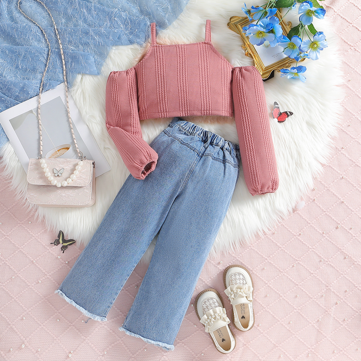 Kinder kleidung herbst outfit neue kinder hosenträger langarm top modische jeans mädchen zwei-stück set_voghion.com