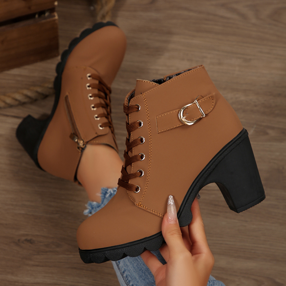 ShoeVault Women's Leather Low-Cut Chunky Round Toe High Heel Lace-Up Brown Ankle Boots Spring Autumn Plus Size Height Increasing_vogvips.com