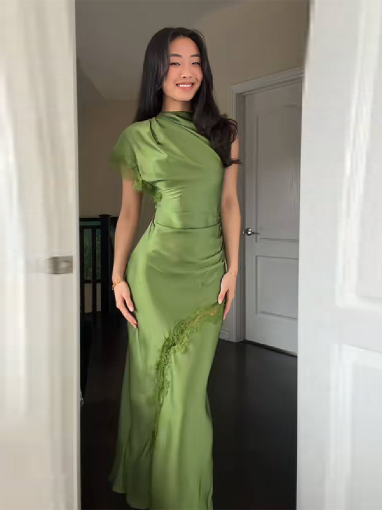 French Retro Satin One Shoulder Dress Slit Design Slim Fit Evening Gown Vintage Formal Party Dress For Women_ecoleips.com