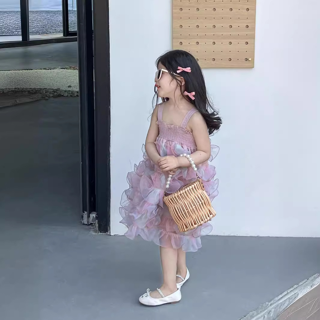 女童生日夢幻粉公主禮服夏季珠光炫彩tutu吊帶裙演出服蛋糕蓬蓬裙
