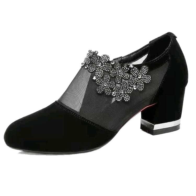 Zapatos de tela de diamante de mujer sandalias de talón hueco para mujeres 2026 nuevas botas de red de moda de verano botas de tacones gruesos para mujeres