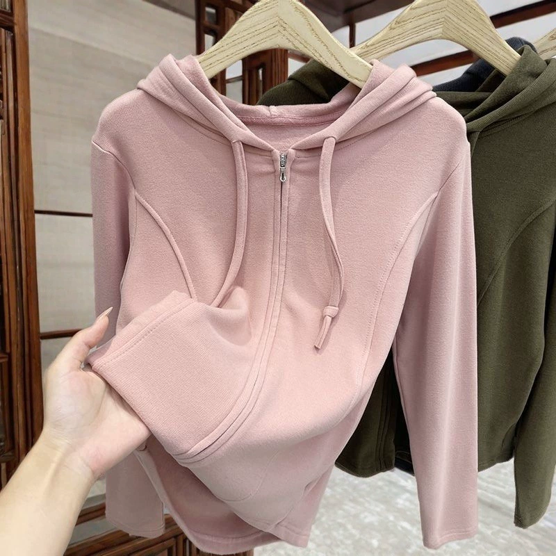 Весенний и осенний свитер с капюшоном женский молния рыбные кости тонкие, покрывающий мясо, простой короткий кардиган топ