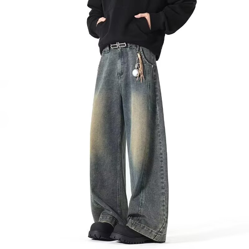 American Style High Street Popular Straight Leg Jeans Men's Spring and Autumn Design Sense Trendy Brand Plump Handsome Pendant Sense High Work Wear Pants