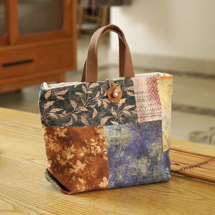 Fashionable Literary Women's Cotton and Linen Canvas Bag for Work Small Handbag Niche Satchel Printed Japanese Style Simple Retro Bag