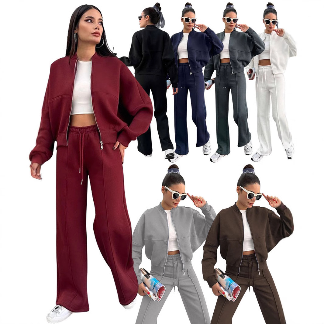 2025秋冬亚马逊跨境欧美纯色加绒拉链开衫女装时尚休闲直筒裤套装