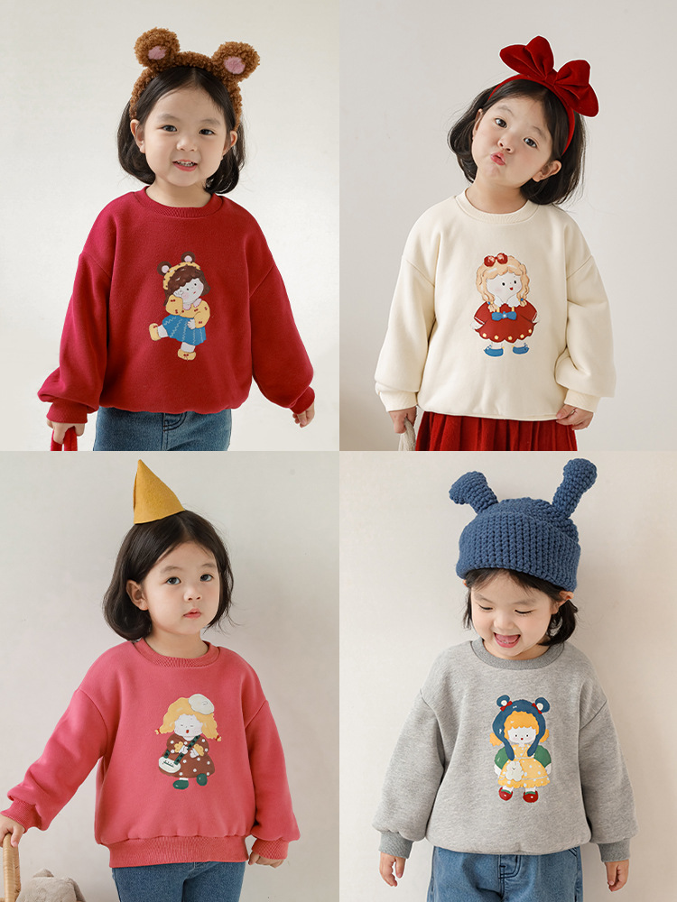 Qiuduo cute girls' cartoon printed sweater autumn and winter new children's Korean style fleece-lined casual top baby clothes