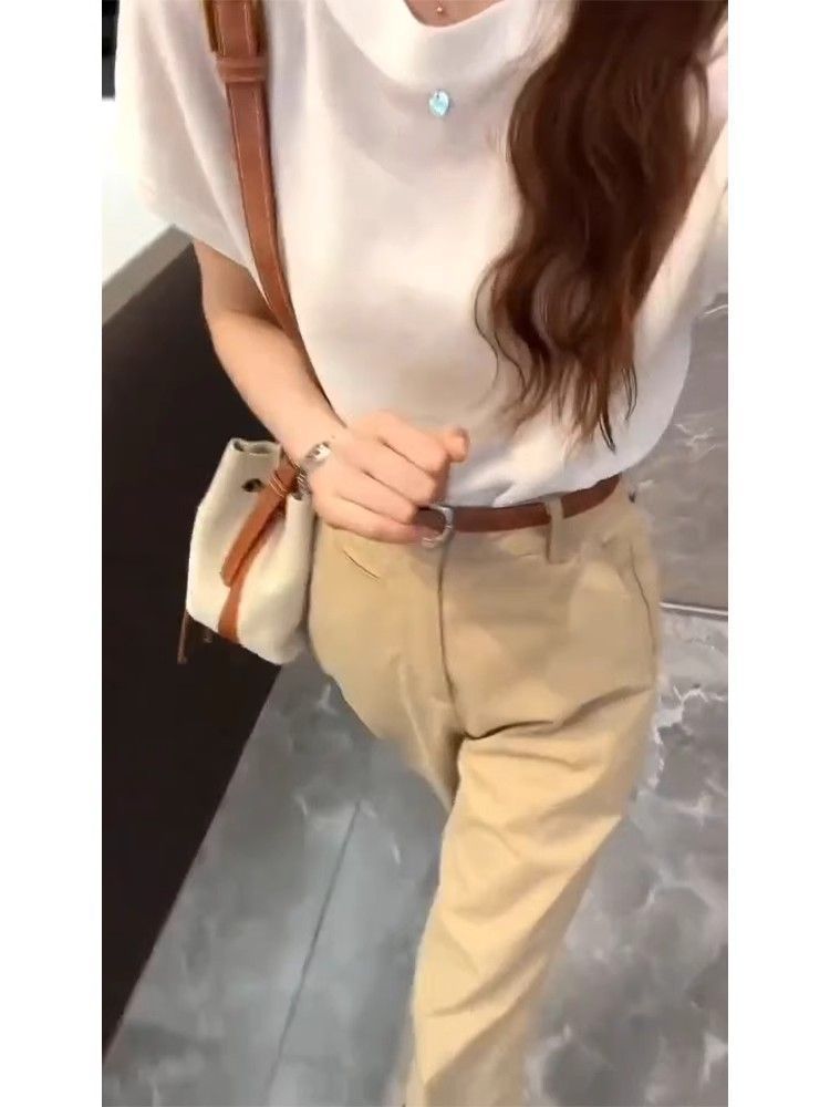 Bộ đồ thể thao nữ mùa hè áo thun phối quần jogger 2 món — Quần Xanh (Single Piece), Quần kaki (Single Piece), Áo Trắng (Single), Áo trắng+quần kaki chi tiết 8