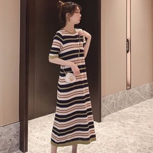 条纹针织连衣裙女夏装新款流行中长款过膝小清新显瘦恤裙子