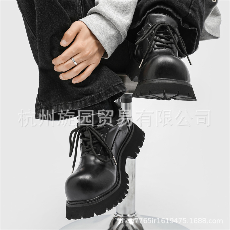 3591 발목 더비 신발 두꺼운 밑창 남녀 틈새 커플 캐주얼 가죽 신발 가죽 기능성 하이 스트리트 블랙 신발