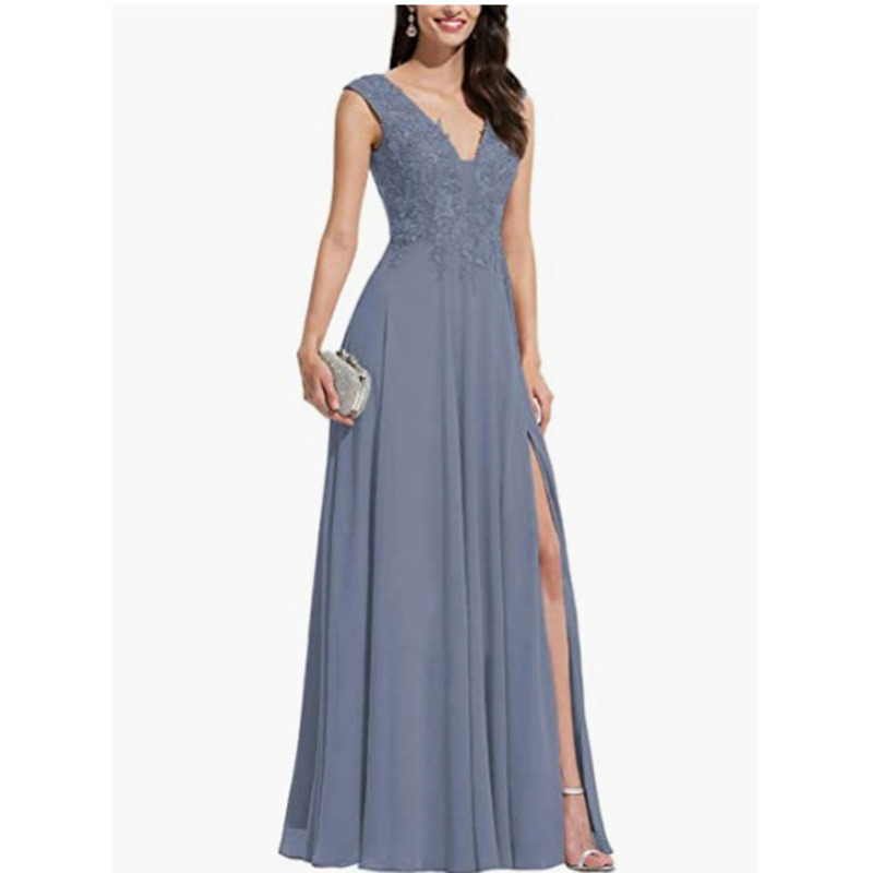 Women's V-neck bridesmaid dress lace applique A- line chiffon dress long foreign trade dress high waist split slimming dress