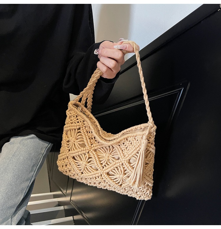 177g Weight Polyester Cotton Lining Material Weave, Hollow Fashion Element Zipper Closure Type Single Shoulder Strap Strap Type Shoulder Bag Bags Type Casual Occasion cotton rope Material Solid Color Pattern All Seasons Season Women's Gender Vacation Style Square Shape Women's Cotton Rope Solid Color Vacation Weave Hollow Square Zipper Shoulder Bag 9