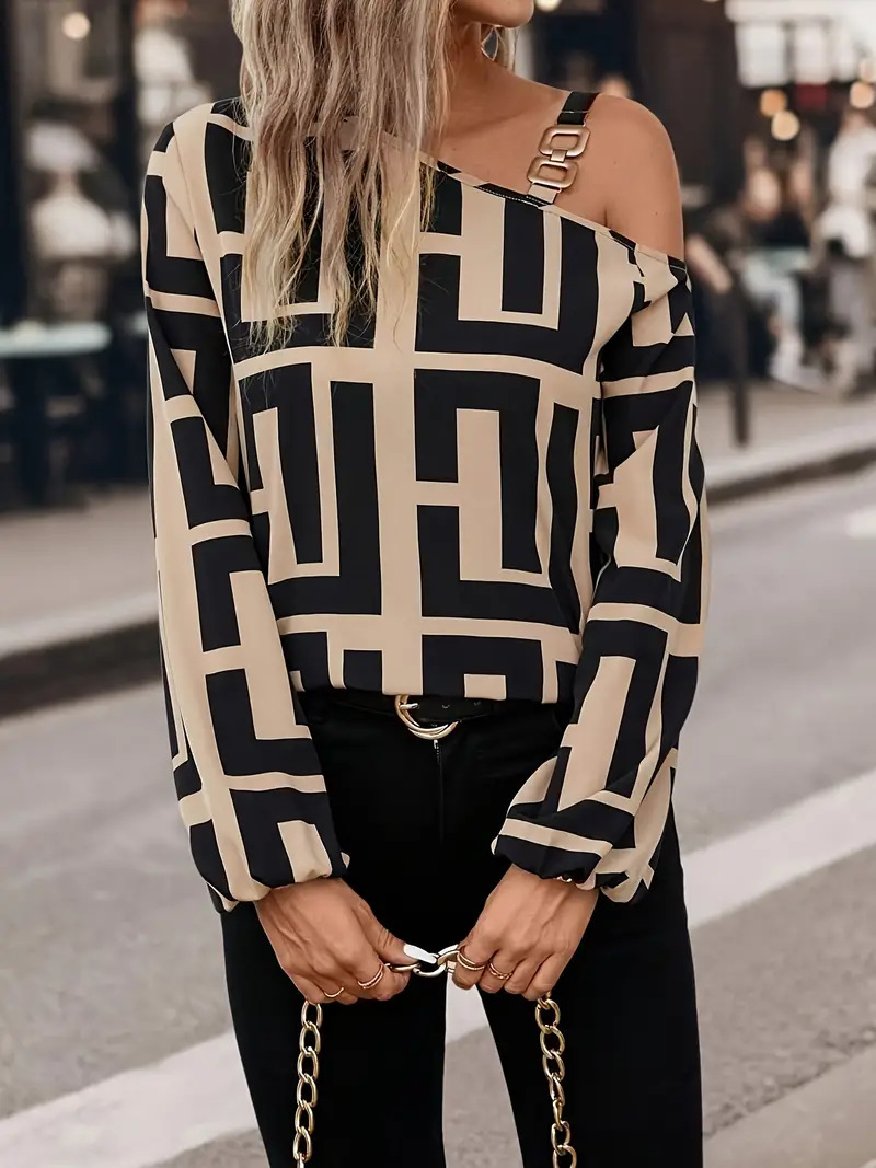273g Weight Long Sleeve Sleeve Length Polyester Fabric Type Regular Top Length Blouse Tops Type Casual, Daily Occasion Oblique collar Neckline Regular Fit Fit Type Geometric Pattern Spring, Autumn Season Women's Gender Printing Design Elegant, Streetwear Style Wholesale Women's Elegant Streetwear Geometric Long Sleeve Printing Blouses 4